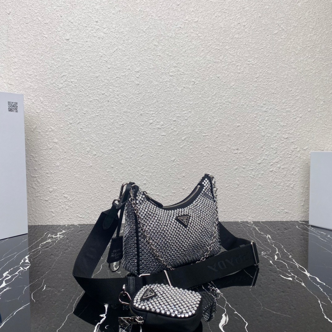 Prada Re Edition 2005 Duchess Synthetic Crystals Shoulder Bag Black 1BH204